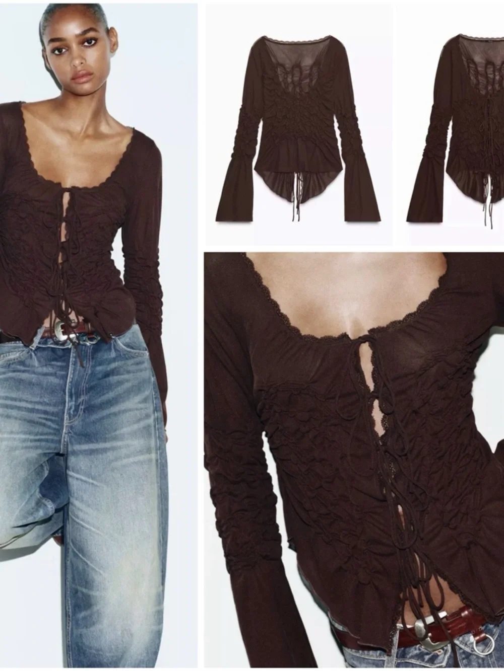 ZARA Brown Ruched Mesh Tie Front Top NWT Sheer Bell Sleeve Fairy Boho Size S